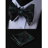 Black Mens Silk Self tie Bow Tie with Pocket Squares Set - Amedeo Exclusive